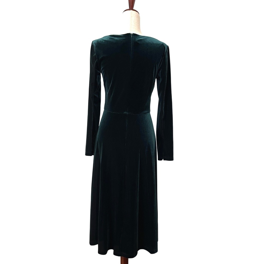 Eliza J Green Velvet Midi Dress Ruched Long Sleeve Cocktail Holiday Glam 6 - Picture 5 of 7